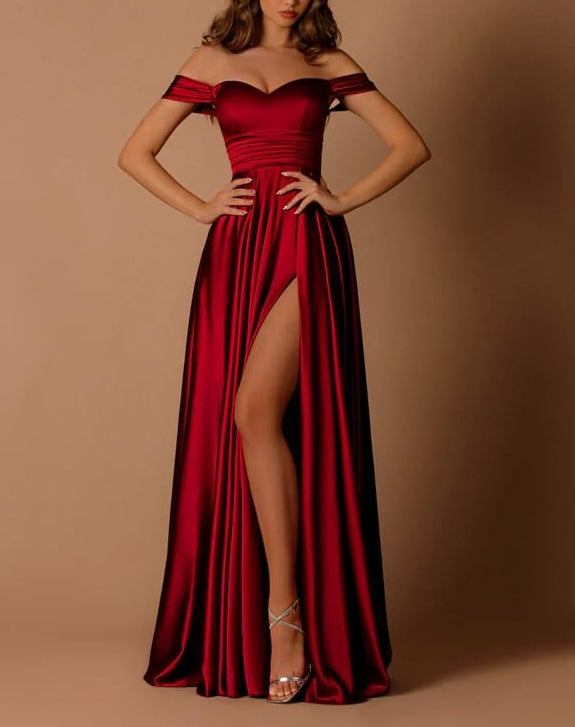 Off The Shoulder Satin Prom Dresses for Women A-line Long Evening Dress with